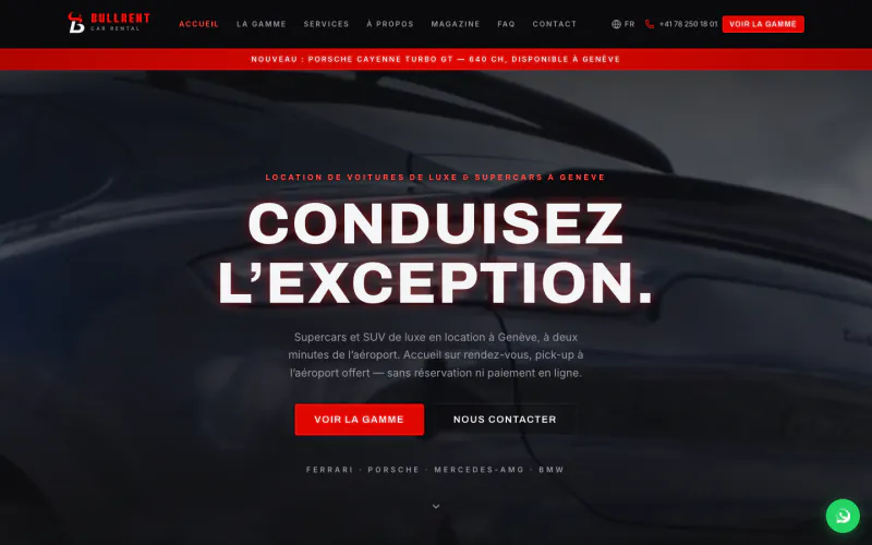 Site BullRent (Location de supercars, Genève), créé par ancre.ch